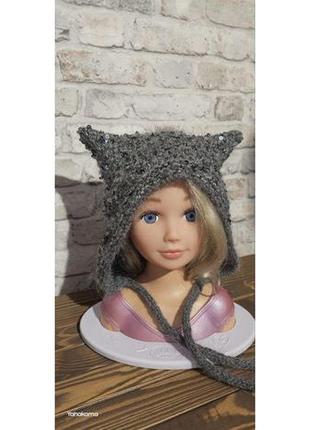 Шапка вязаная с пайетками темно-серая молодежная с ушками devil hat ручная работа
