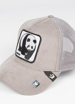 Кепка "goorin brothers" мужская широкая серая с черно-белой нашивкой "панда". сетка + вельвет
