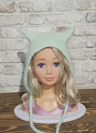Шапка в'язана молодіжна з вушками мятна devil hat ручна робота