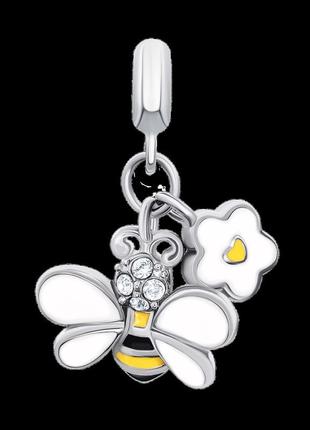 Кулон бджілка з квіточкою з біло-жовтою емаллю та фіанітами