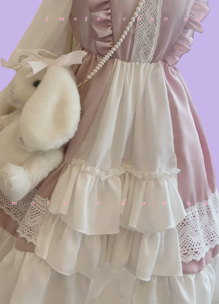 Японское платье милое с рюшами принцесса  лолита розовое  с белым горничная косплей2 фото