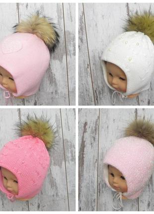 Термо утеплённая зимняя вязаная шапка для девочки на флисе с меховым помпоном из меха 5020