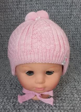 Детская зимняя р. 38-40 2-5 мес вязанная шапочка на махре с завязками для новорожденного 4929 розовый 383 фото