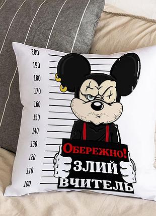 Біла подушка з плюшевою наволочкою та написом "обережно, злий вчитель!" (30х30 см)
