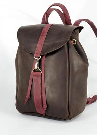 Жіночий шкіряний рюкзак київ, розмір середній, натуральна вінтажна шкіра колір коричневый, відтінок шоколад + бордо