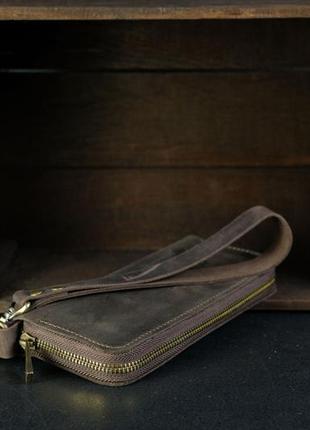 Мужской кожаный кошелек на круговой молнии с ремешком, натуральная винтажная кожа, цвет коричневый, оттенок