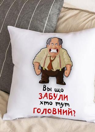 Белая подушка с плюшевой наволочкой "вы что, забыли кто тут главный" (30х30 см)