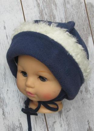 48 1-1,5 года зимняя флисовая шапка для мальчика на трикотажной подкладке с завязками 4533 синий2 фото