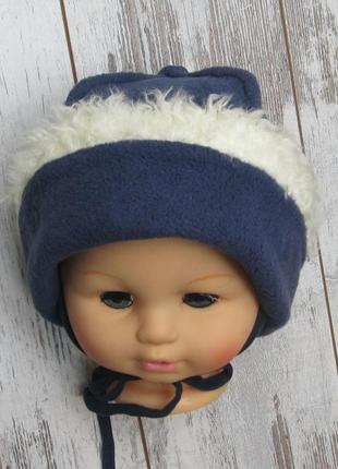 48 1-1,5 года зимняя флисовая шапка для мальчика на трикотажной подкладке с завязками 4533 синий3 фото