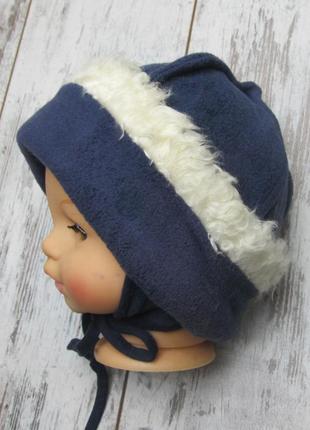 48 1-1,5 года зимняя флисовая шапка для мальчика на трикотажной подкладке с завязками 4533 синий4 фото