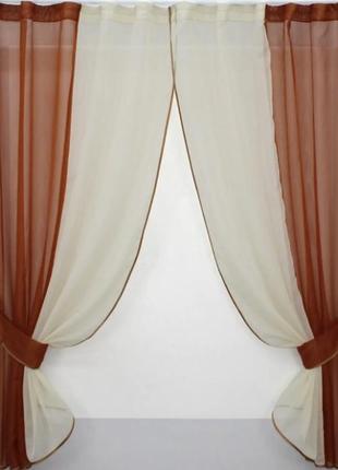 Комплект штор на кухню, балкон (265х170см) шифон. колір теракотовий з бежевим