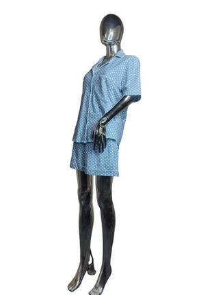 Женская пижама домашний хлопковый комплект в горошек (рубашка + шорты) роксана синий2 фото