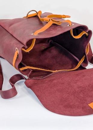 Жіночий шкіряний рюкзак київ, розмір міні, натуральна вінтажна шкіра колір бордо + бурштин5 фото