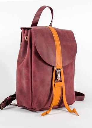 Жіночий шкіряний рюкзак київ, розмір міні, натуральна вінтажна шкіра колір бордо + бурштин3 фото