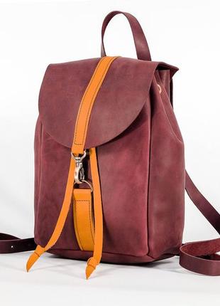 Жіночий шкіряний рюкзак київ, розмір міні, натуральна вінтажна шкіра колір бордо + бурштин2 фото