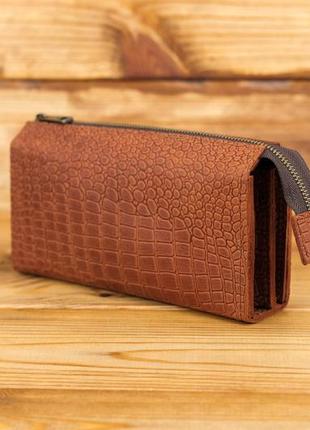 Кожаный кошелек клатч тревел, натуральная винтажная кожа, цвет коньяк, оттиск №1