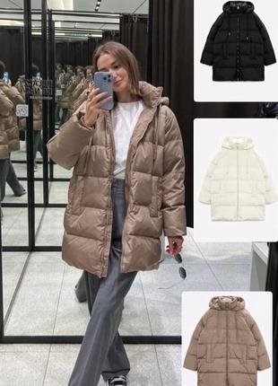 Пуховик zara бежевий молочний чорний жіночий9 фото