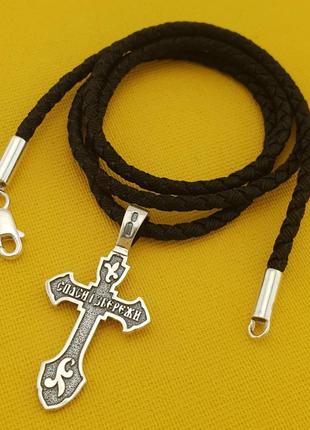 Серебряный крестик с цепочкой из шелка. освящённый крест и шелковый шнурок с серебряными вставками. 55 см7 фото
