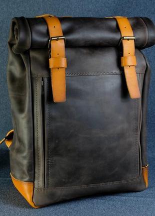 Шкіряний чоловічий рюкзак "hankle h7" натуральна вінтажна шкіра, колір шоколад + бурштин