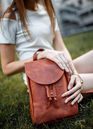 Жіночий шкіряний рюкзак на затяжках, натуральна винтажная кожа цвет коричневый, відтінок коньяк