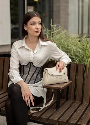 Женская кожаная сумка френки, натуральная гладкая кожа, цвет кремовый