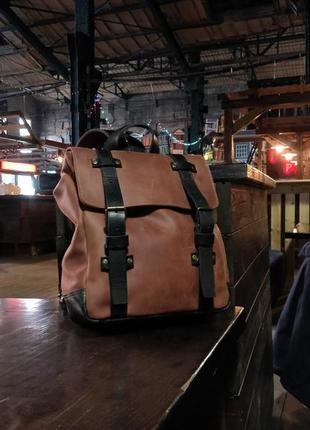 Мужской кожаный рюкзак "hankle h1" натуральная винтажная кожа, цвет коричневый оттенок шоколад + янтарь3 фото