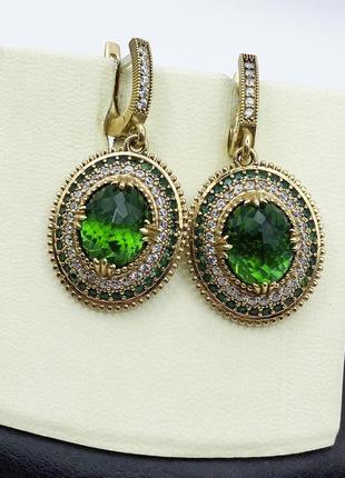 Сережки срібні зі смарагдом альпінітом та кубічним цирконієм "роксолана" 13,38 г