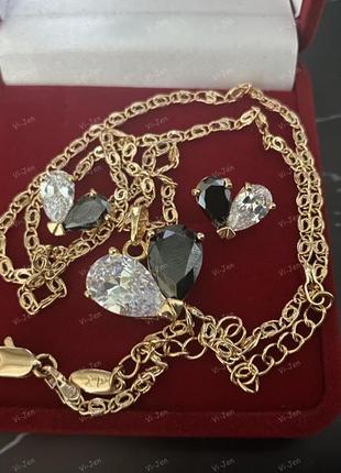 Набір "алмазні серця з білими та чорними фіанітами" - сережки, кулон, ланцюжок з медичного золота 18к.