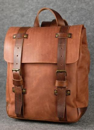 Чоловічий шкіряний рюкзак "hankle h1" натуральна вінтажна шкіра, колір коричневий відтінок коньяк + вишня