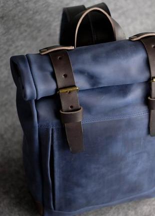 Шкіряний чоловічий рюкзак "hankle h7" натуральна вінтажна шкіра, колір синий + коричневый відтінок кофе