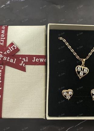 Комплект  "алмазные сердечки в золоте 18к"  - серьги, кулон, цепочка из медицинского золота2 фото