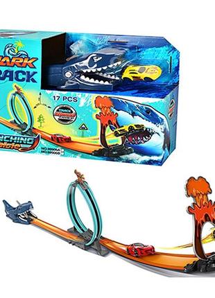 Детский автотрек hot wheels акула  17 деталей с машинкой-7,5 см петлей трамплином в подарочной упаковке