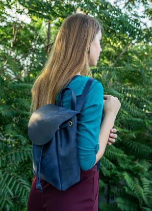 Женский кожаный рюкзак на затяжках, натуральная винтажная кожа цвет синий