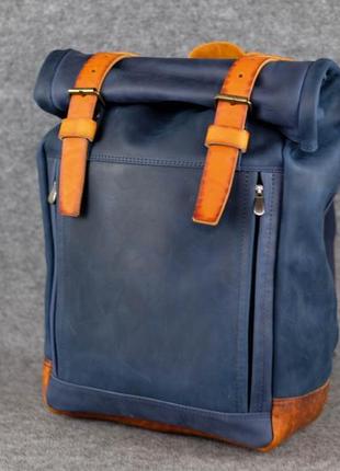 Шкіряний чоловічий рюкзак "hankle h7" натуральна вінтажна шкіра, колір синій + бурштин