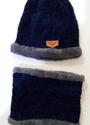 Комплект шапка і хамут чоловічі вельвет з утепленням зимові.7 фото