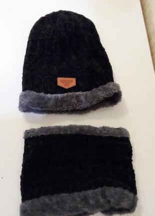 Комплект шапка і хамут чоловічі вельвет з утепленням зимові.8 фото