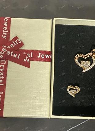 Набор "алмазные сердца з белыми фианитами" - серьги, кулон, цепочка из медицинского золота2 фото