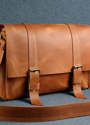 Кожаная мужская сумка кемерон, натуральная винтажная кожа цвет коричневый, оттенок коньяк