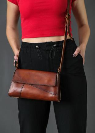 Женская кожаная сумка френки вечерняя, натуральная кожа итальянский краст, цвет коричневий, оттенок вишня