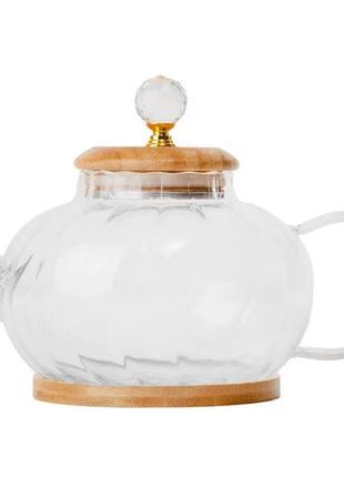 Прозорий скляний чайник "матча", 1200 мл, заварник для чаю з дерев'яною кришкою1 фото