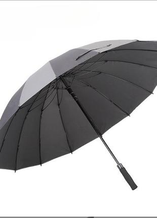 Зонт великий сірий, 155 см, посилений, 16-ребристий, стійкий до вітру з довгою ручкою, потовщений двошаровий3 фото