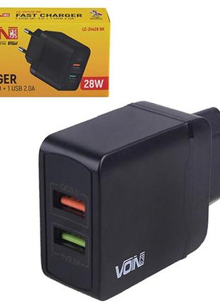 Мережевий зарядний пристрій voin 28w, 2 usb, qc3.0 (port 1-5 v * 3 a / 9 v * 2 a / 12 v * 1.5 a. port 2-5 v2 a) (lc-24428 bk)