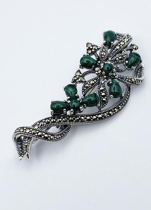 Брошка серебряная с марказитом и малахитом 12,06 г