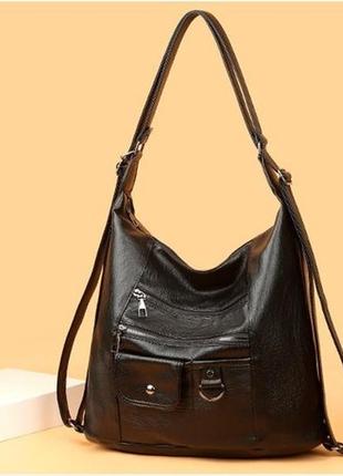 Жіноча сумка - рюкзак еко шкіра чорний стильна сумка через плече зі шкірозамінника для дівчини2 фото