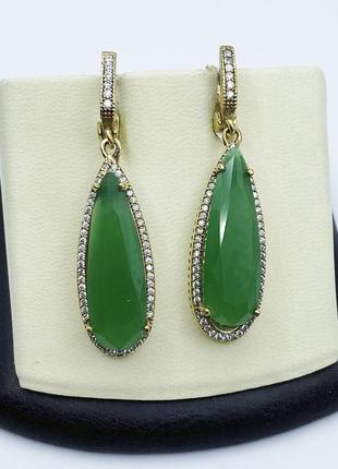 Сережки срібні зі смарагдом альпінітом та кубічним цирконієм "роксолана" 13 г