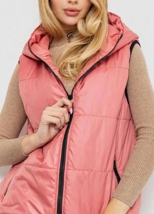 Жилетка женская с капюшоном однотонная, цвет темно-коралловый