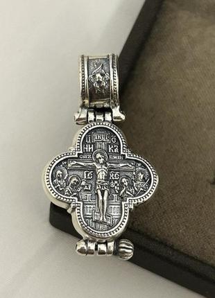 Крест мощевик из серебра двусторонний с распятием иисуса молитвой и чернением1 фото