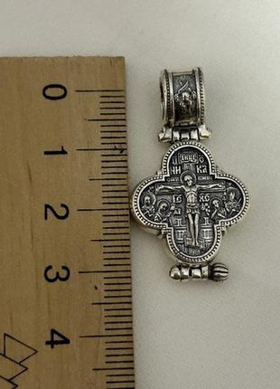 Крест мощевик из серебра двусторонний с распятием иисуса молитвой и чернением9 фото