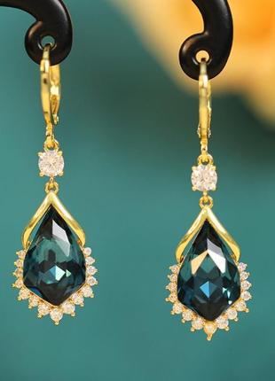 Серьги-подвески синий камень, 3*1,7см