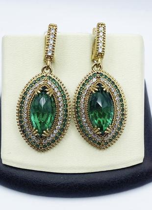 Сережки срібні зі смарагдом альпінітом та кубічним цирконієм "роксолана" 21,41 г